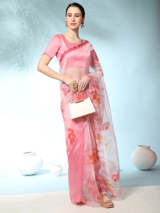 Peach Digital Printed Organza Saree With Satin Peach Blouse Piece