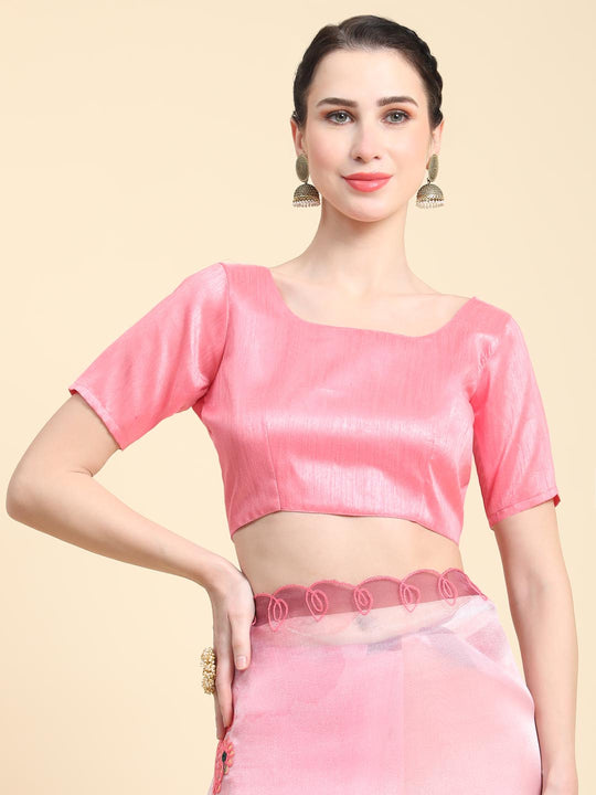 Peach Digital Printed Organza Saree With Satin Peach Blouse Piece