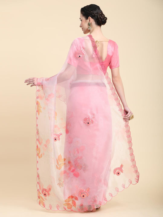 Peach Digital Printed Organza Saree With Satin Peach Blouse Piece