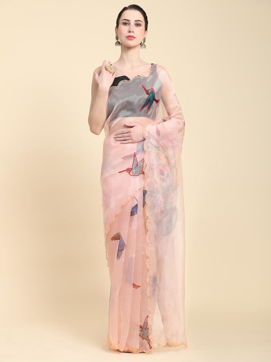 Beige Digital Printed Organza Saree With Satin Black Blouse Piece