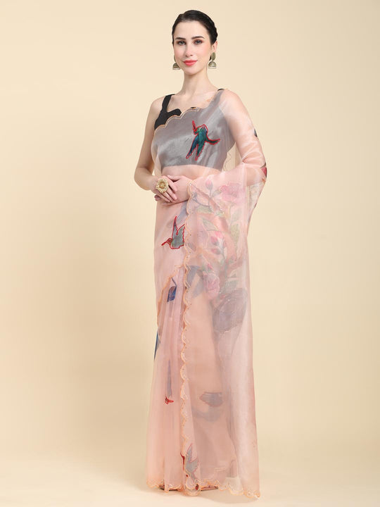 Beige Digital Printed Organza Saree With Satin Black Blouse Piece