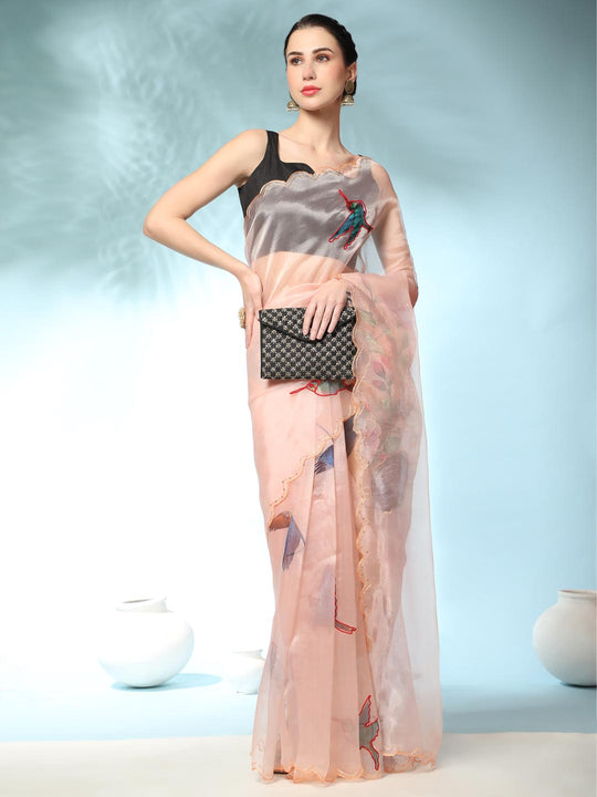 Beige Digital Printed Organza Saree With Satin Black Blouse Piece