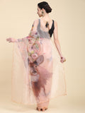 Beige Digital Printed Organza Saree With Satin Black Blouse Piece