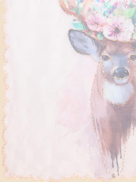 Beige Digital Printed Organza Saree With Satin Black Blouse Piece