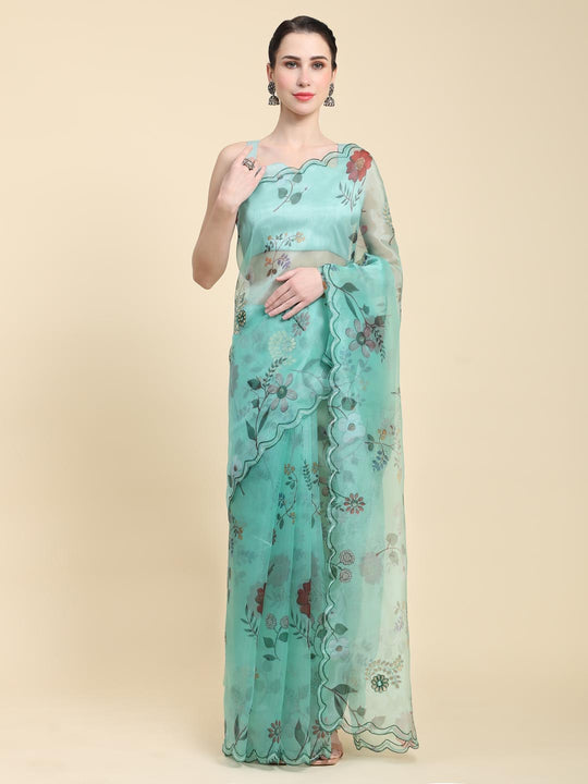 Teal Green Digital Printed Organza Saree With Satin Teal Green Blouse Piece