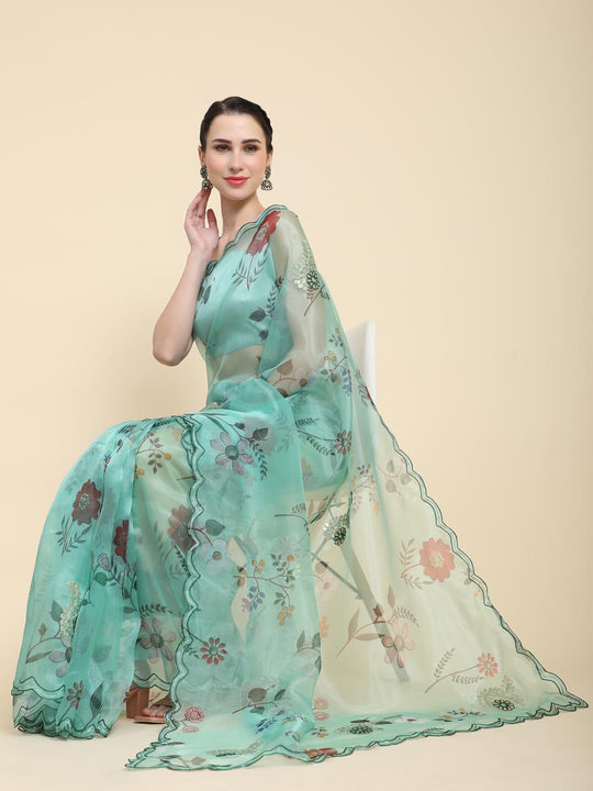 Teal Green Digital Printed Organza Saree With Satin Teal Green Blouse Piece
