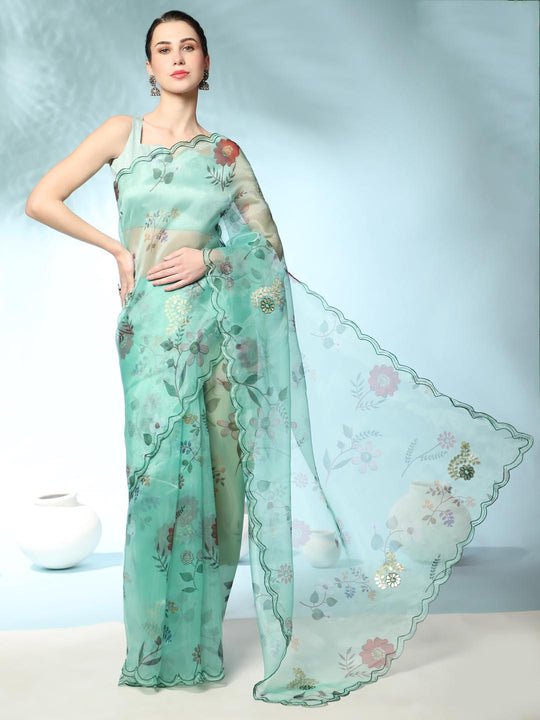 Teal Green Digital Printed Organza Saree With Satin Teal Green Blouse Piece