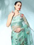 Teal Green Digital Printed Organza Saree With Satin Teal Green Blouse Piece