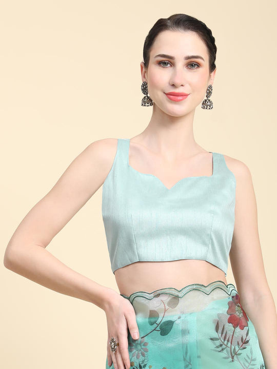 Teal Green Digital Printed Organza Saree With Satin Teal Green Blouse Piece