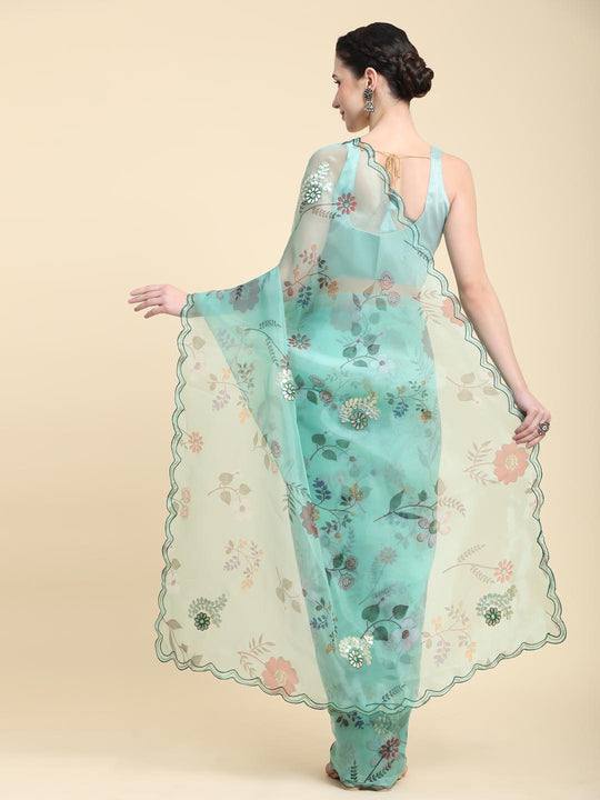 Teal Green Digital Printed Organza Saree With Satin Teal Green Blouse Piece