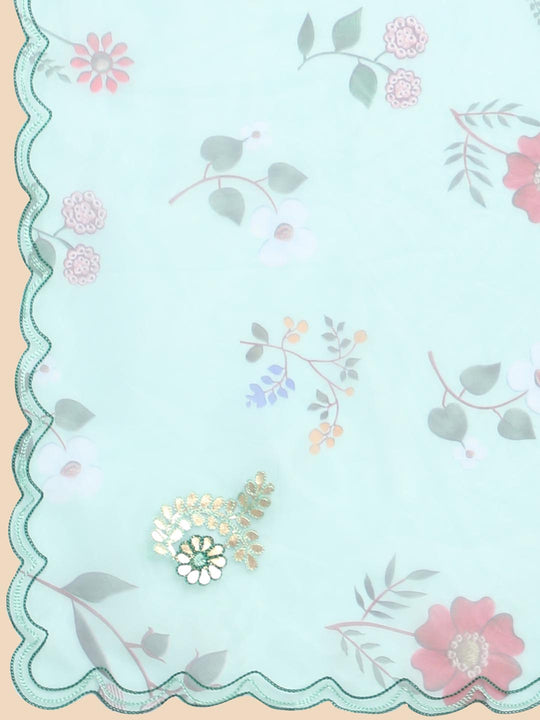 Teal Green Digital Printed Organza Saree With Satin Teal Green Blouse Piece