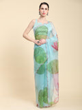 Sky Blue Digital Printed Organza Saree With Satin Sky blue Blouse Piece