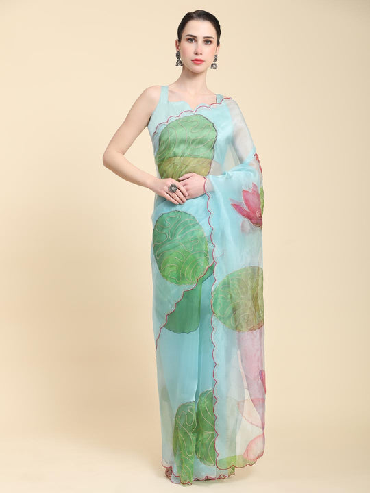 Sky Blue Digital Printed Organza Saree With Satin Sky blue Blouse Piece