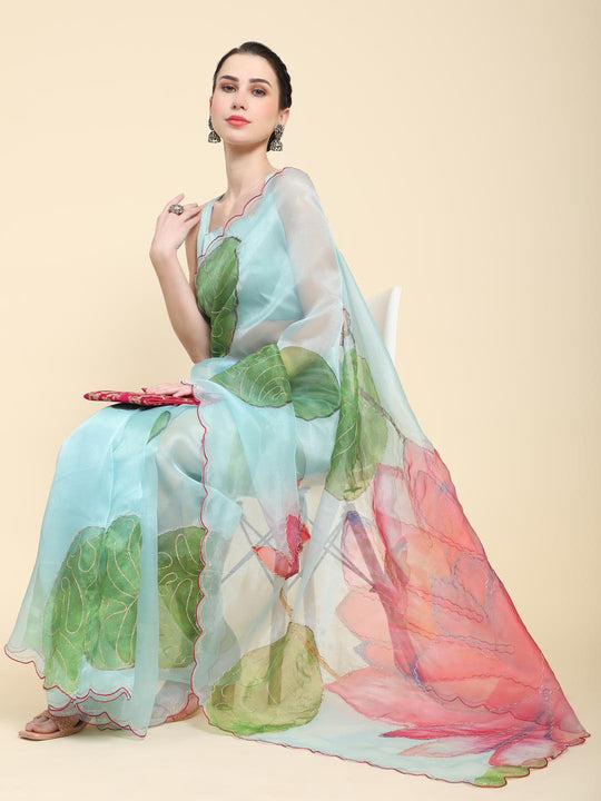 Sky Blue Digital Printed Organza Saree With Satin Sky blue Blouse Piece