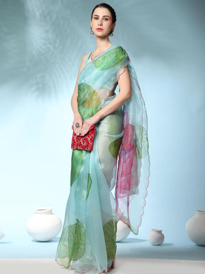 Sky Blue Digital Printed Organza Saree With Satin Sky blue Blouse Piece