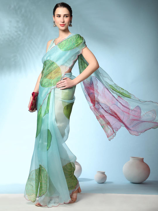 Sky Blue Digital Printed Organza Saree With Satin Sky blue Blouse Piece