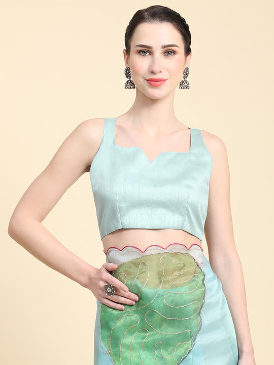 Sky Blue Digital Printed Organza Saree With Satin Sky blue Blouse Piece