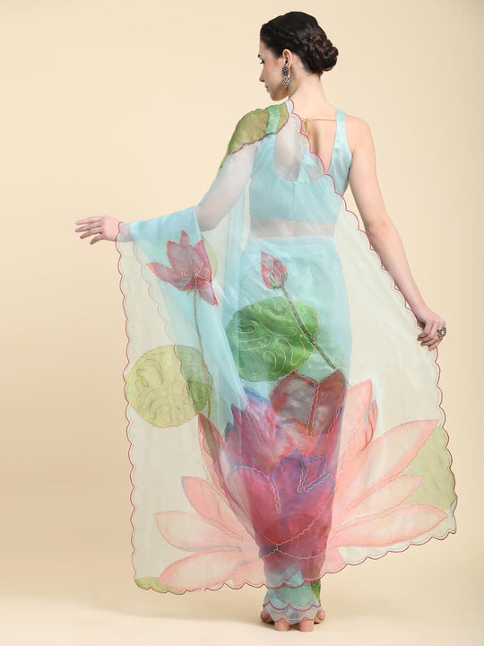 Sky Blue Digital Printed Organza Saree With Satin Sky blue Blouse Piece