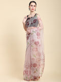 Peach Digital Printed Organza Saree With Satin Black Blouse Piece