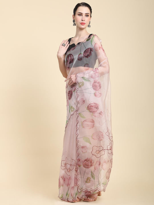 Peach Digital Printed Organza Saree With Satin Black Blouse Piece