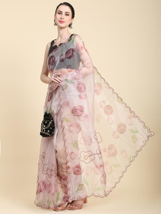 Peach Digital Printed Organza Saree With Satin Black Blouse Piece