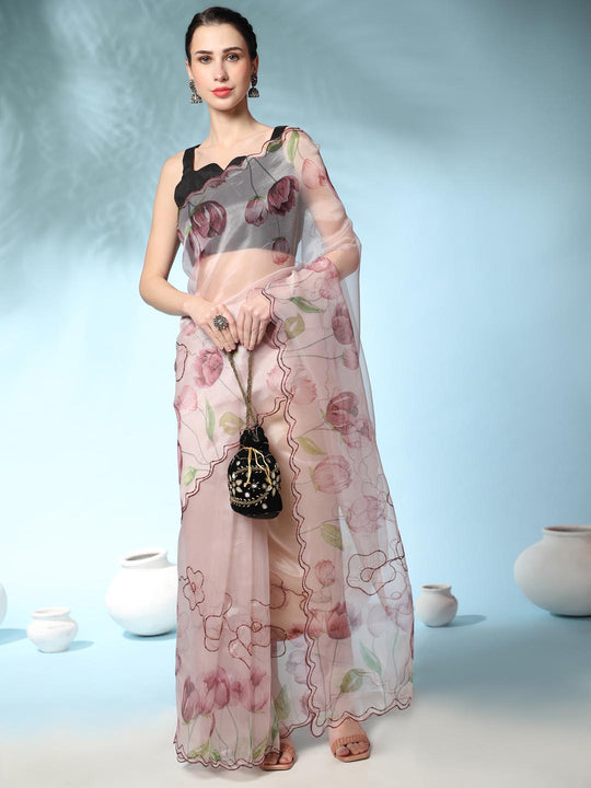 Peach Digital Printed Organza Saree With Satin Black Blouse Piece