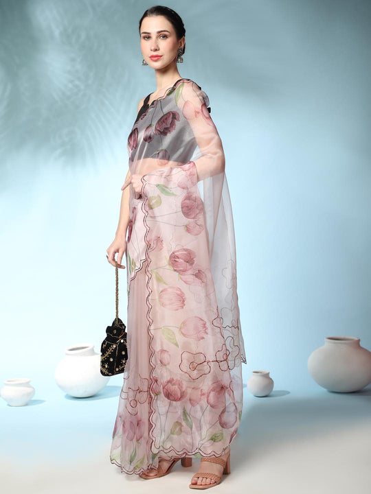 Peach Digital Printed Organza Saree With Satin Black Blouse Piece