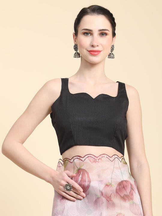 Peach Digital Printed Organza Saree With Satin Black Blouse Piece