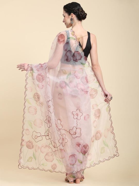 Peach Digital Printed Organza Saree With Satin Black Blouse Piece