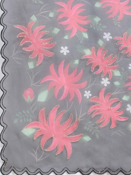 Black Digital Printed Organza Saree With Satin Black Blouse Piece