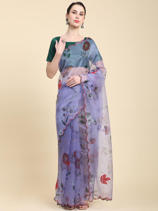 Blue Digital Printed Organza Saree With Satin Green Blouse Piece