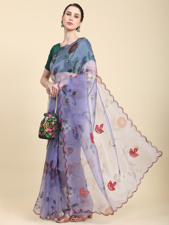 Blue Digital Printed Organza Saree With Satin Green Blouse Piece