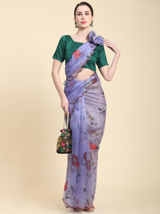 Blue Digital Printed Organza Saree With Satin Green Blouse Piece