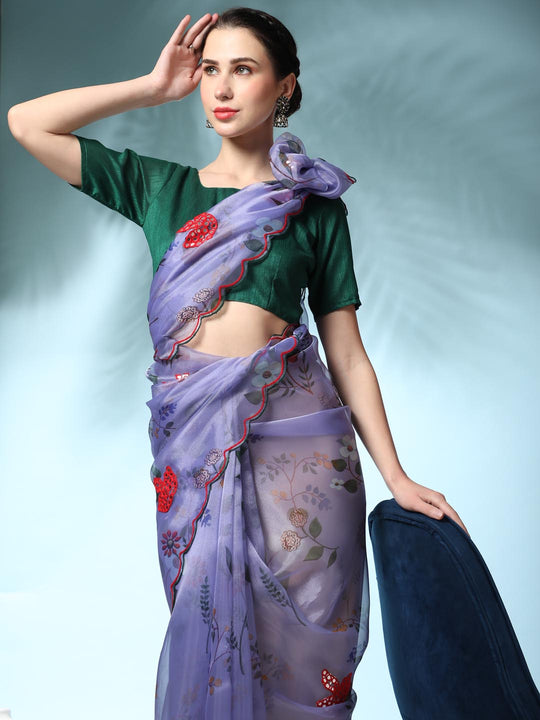 Blue Digital Printed Organza Saree With Satin Green Blouse Piece