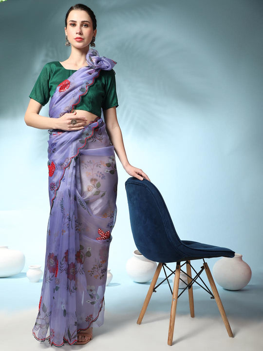 Blue Digital Printed Organza Saree With Satin Green Blouse Piece