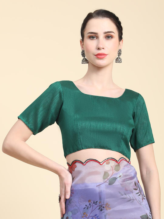 Blue Digital Printed Organza Saree With Satin Green Blouse Piece