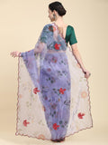 Blue Digital Printed Organza Saree With Satin Green Blouse Piece