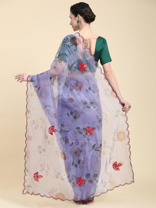 Blue Digital Printed Organza Saree With Satin Green Blouse Piece