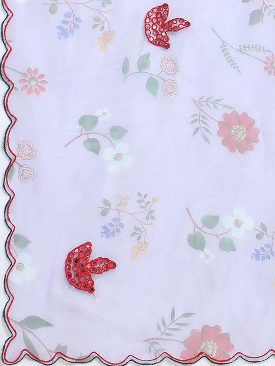 Blue Digital Printed Organza Saree With Satin Green Blouse Piece