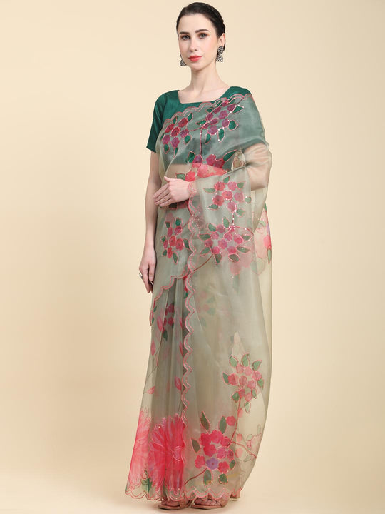 Light Green Digital Printed Organza Saree With Satin Green Blouse Piece