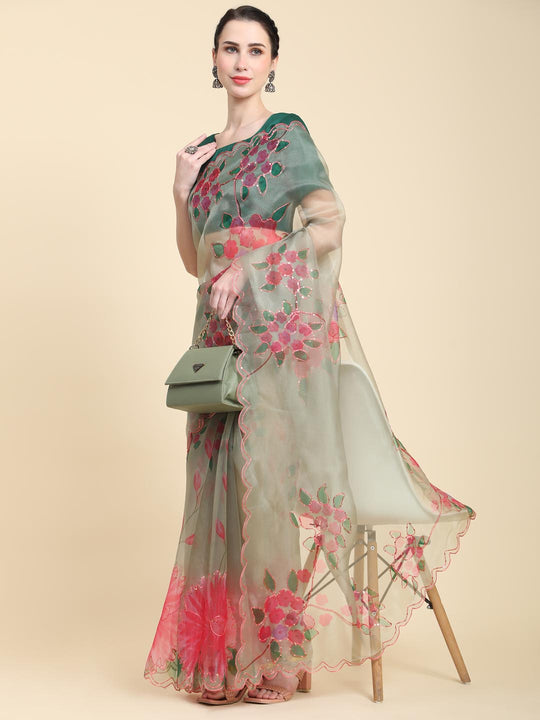 Light Green Digital Printed Organza Saree With Satin Green Blouse Piece