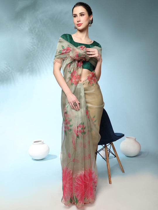 Light Green Digital Printed Organza Saree With Satin Green Blouse Piece