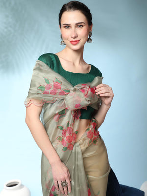 Light Green Digital Printed Organza Saree With Satin Green Blouse Piece