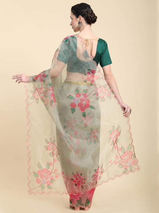 Light Green Digital Printed Organza Saree With Satin Green Blouse Piece