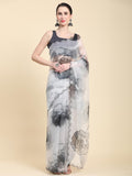 White Digital Printed Organza Saree With Satin Black Blouse Piece