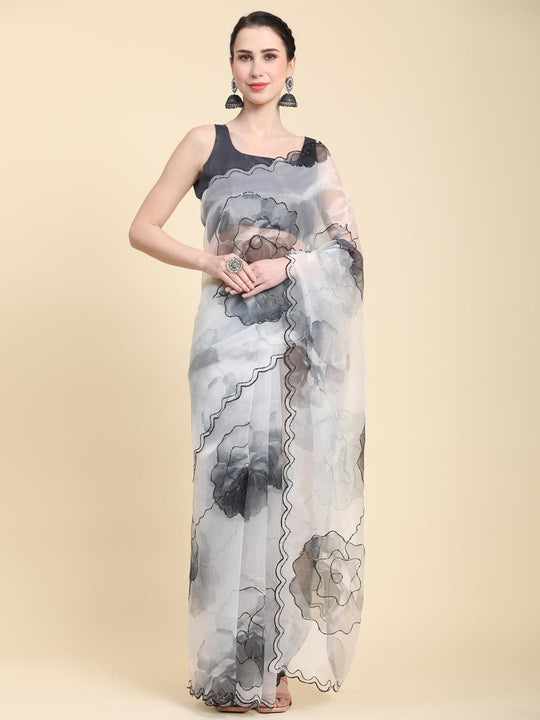 White Digital Printed Organza Saree With Satin Black Blouse Piece