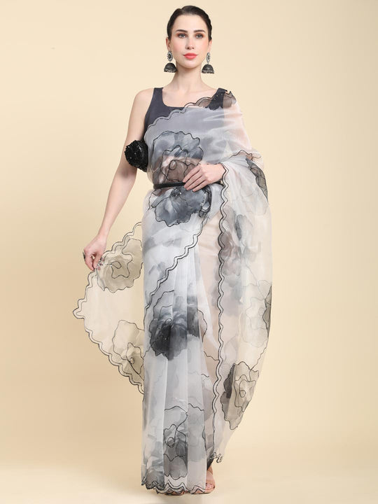 White Digital Printed Organza Saree With Satin Black Blouse Piece