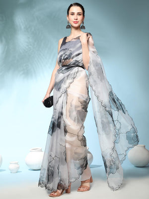 White Digital Printed Organza Saree With Satin Black Blouse Piece