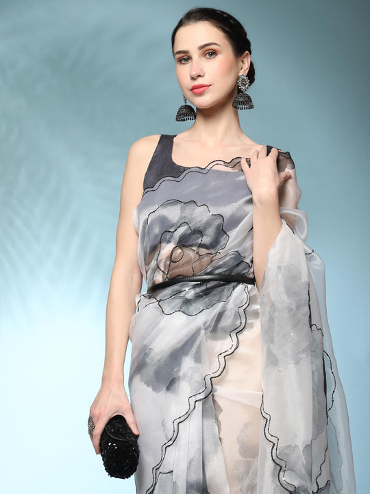 White Digital Printed Organza Saree With Satin Black Blouse Piece