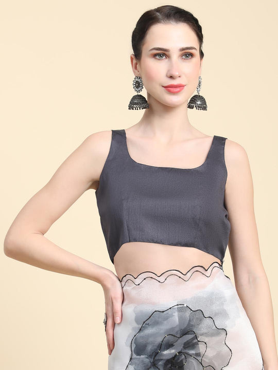 White Digital Printed Organza Saree With Satin Black Blouse Piece